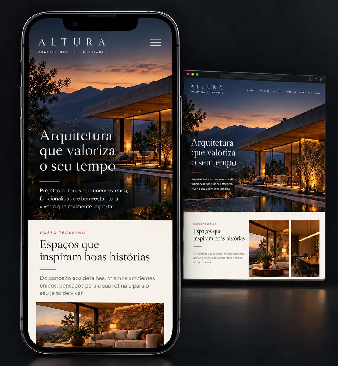Exemplo ilustrativo de site no celular e no computador: Altura Arquitetura, com foto de abertura, título e apresentação dos projetos